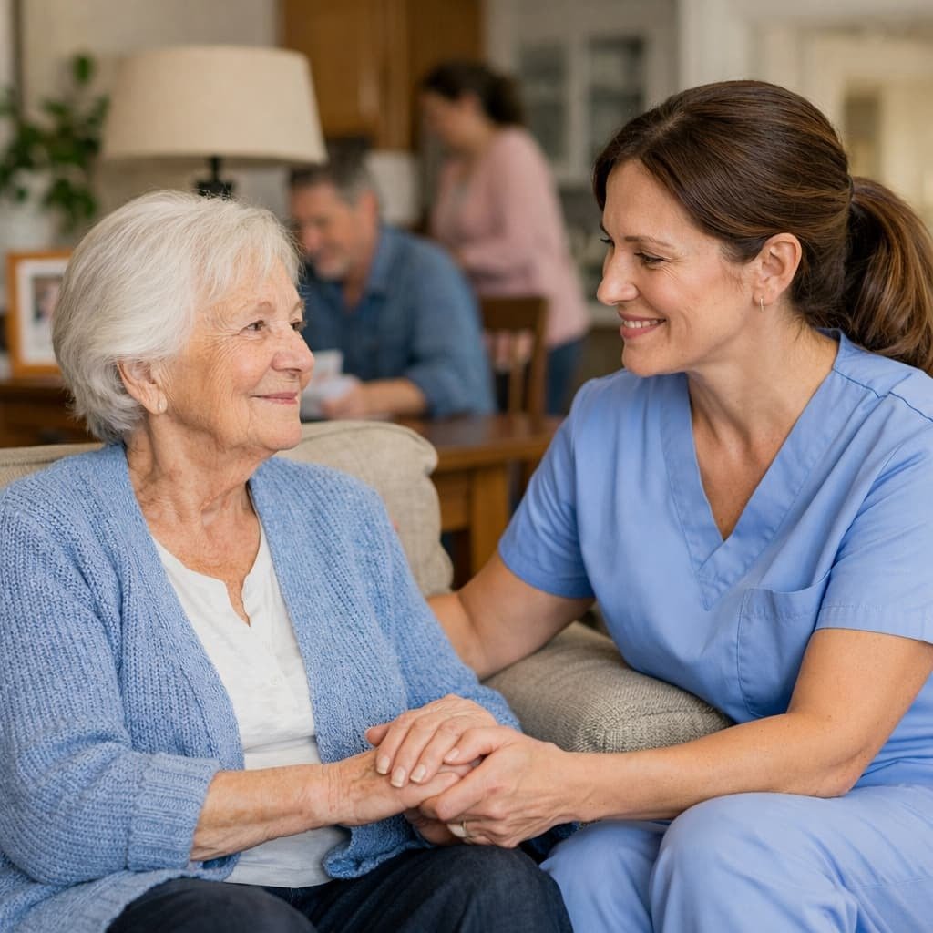 A caregiver respectfully helping a senior with a comfortable daily routine