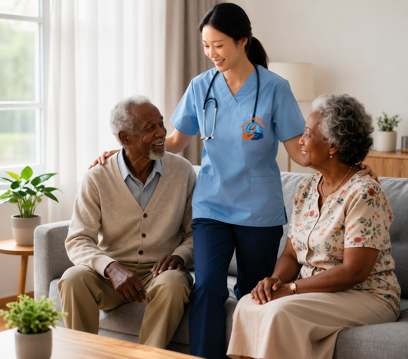 A caregiver and senior laughing and sharing time together