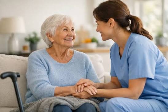 A professional nurse caring for a senior inside a bright home